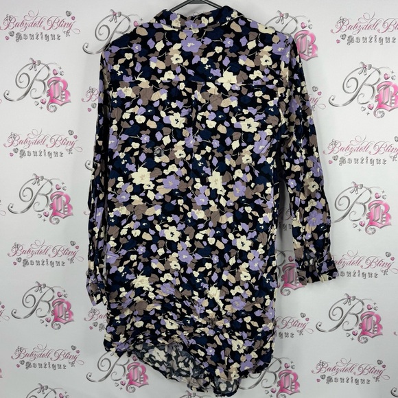 ICHI Floral Print long Blouse mini dress purple cream flowers button up - Picture 2 of 7